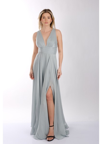 Göğüs Detaylı Geniş Omuzlu Önden Yırtmaçlı Şifon Abiye Elbise Dori 00KB7065