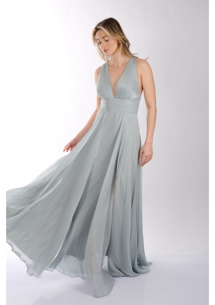 Göğüs Detaylı Geniş Omuzlu Önden Yırtmaçlı Şifon Abiye Elbise Dori 00KB7065 fırsatları