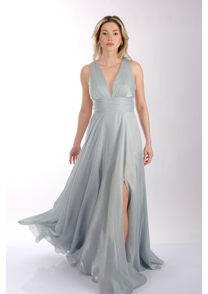 Göğüs Detaylı Geniş Omuzlu Önden Yırtmaçlı Şifon Abiye Elbise Dori 00KB7065 indirimleri