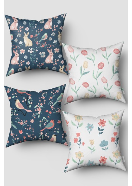 Pembe Yeşil Çiçek Desenli 4'lü Kırlent Kılıfı Seti