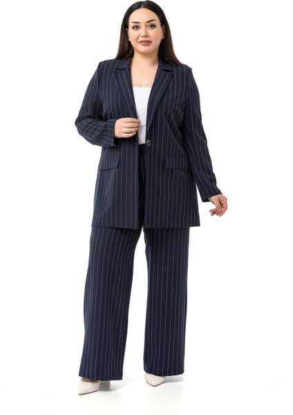Büyük Beden Çizgili Lacivert Ceket Pantolon Ikili Takım