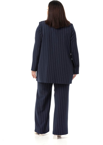 Büyük Beden Çizgili Lacivert Ceket Pantolon Ikili Takım modelleri