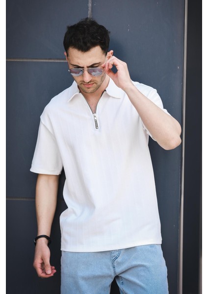 Lond Polo Yaka Jakar Kumaş Yarım Fermuarlı Erkek Tshirt