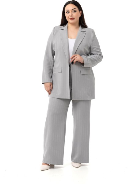 Büyük Beden Çizgili Gri Ceket Pantolon Ikili Takım