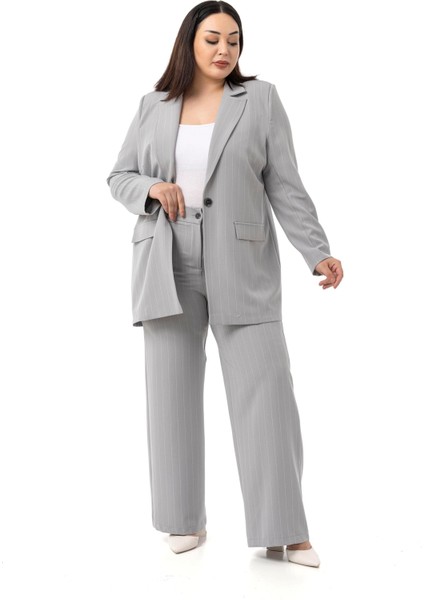 Büyük Beden Çizgili Gri Ceket Pantolon Ikili Takım fırsatları