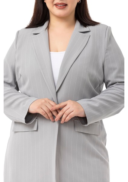 Büyük Beden Çizgili Gri Ceket Pantolon Ikili Takım indirimleri