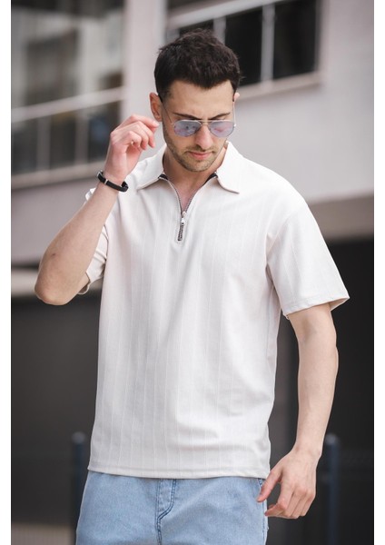 Lond Polo Yaka Jakar Kumaş Yarım Fermuarlı Erkek Tshirt