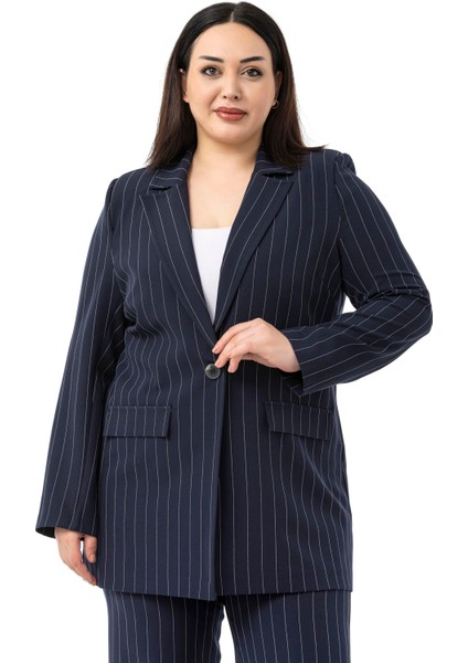Büyük Beden Çizgili Lacivert Ceket Pantolon Ikili Takım fiyatları