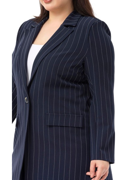 Büyük Beden Çizgili Lacivert Ceket Pantolon Ikili Takım indirimleri