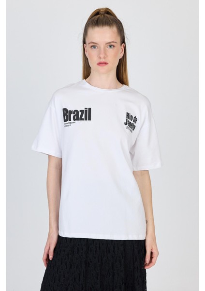 Beyaz Yazı Baskılı %100 Pamuk Oversize Tişört 6403