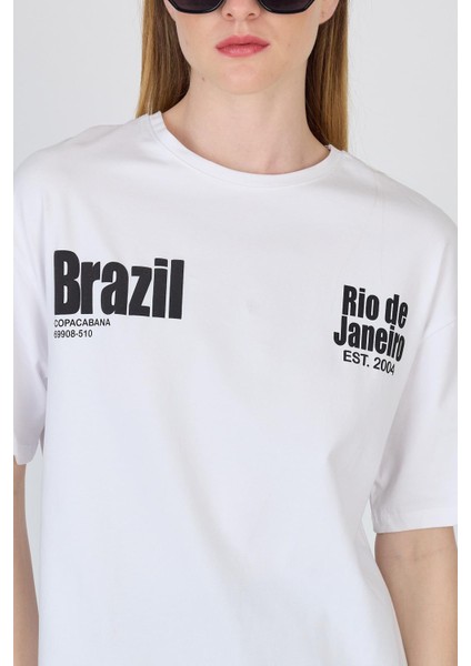 Beyaz Yazı Baskılı %100 Pamuk Oversize Tişört 6403 fırsatları