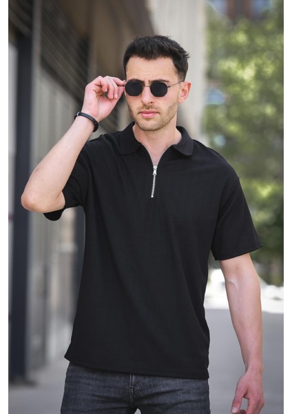 Lond Polo Yaka Jakar Kumaş Yarım Fermuarlı Erkek Tshirt