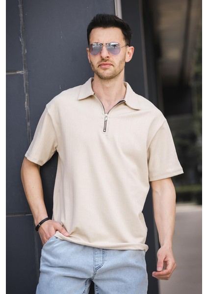 Lond Polo Yaka Jakar Kumaş Yarım Fermuarlı Erkek Tshirt