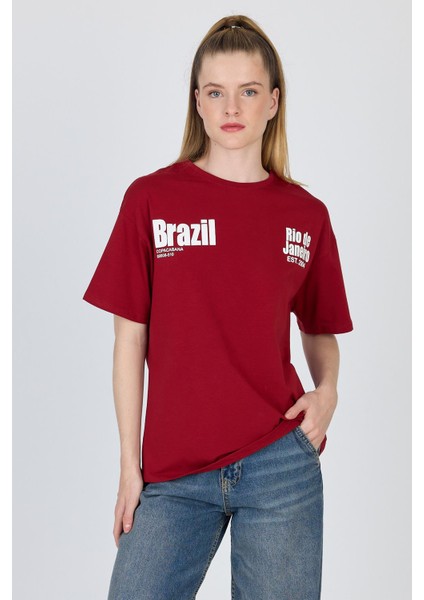 Bordo Yazı Baskılı %100 Pamuk Oversize Tişört 6403