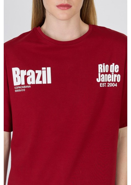 Bordo Yazı Baskılı %100 Pamuk Oversize Tişört 6403 fırsatları