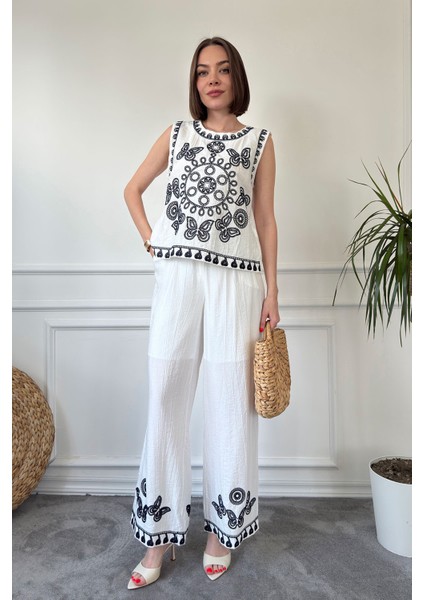 Önü ve Pantolonu Nakışlı Premium Keten Takım- Beyaz