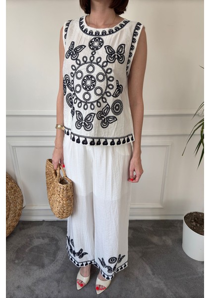 Önü ve Pantolonu Nakışlı Premium Keten Takım- Beyaz fiyatları