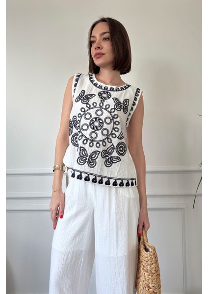 Önü ve Pantolonu Nakışlı Premium Keten Takım- Beyaz modelleri