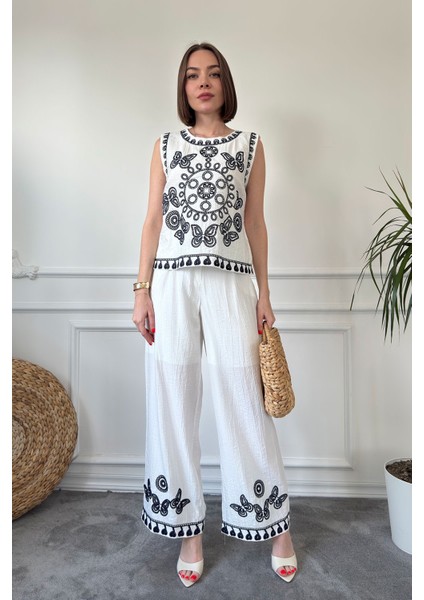 Önü ve Pantolonu Nakışlı Premium Keten Takım- Beyaz fırsatları