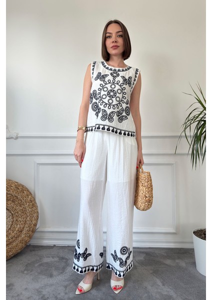 Önü ve Pantolonu Nakışlı Premium Keten Takım- Beyaz indirimleri