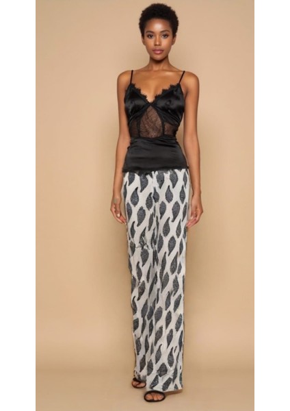 Damlacık Desenli Beli Lastikli Dekoratif Bağcık Detaylı Bürümcük Kumaş Kadın Pantolon