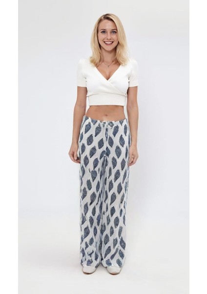 Damlacık Desenli Beli Lastikli Dekoratif Bağcık Detaylı Bürümcük Kumaş Kadın Pantolon fiyatları