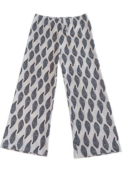 Damlacık Desenli Beli Lastikli Dekoratif Bağcık Detaylı Bürümcük Kumaş Kadın Pantolon modelleri