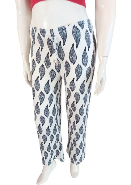 Damlacık Desenli Beli Lastikli Dekoratif Bağcık Detaylı Bürümcük Kumaş Kadın Pantolon fırsatları