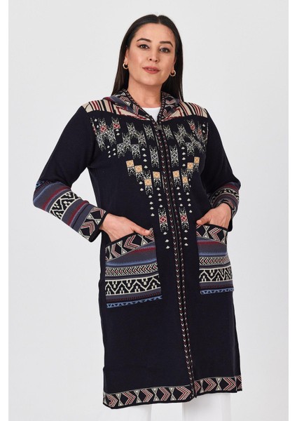 Kadın Lacivert Dama Desenli Hırka