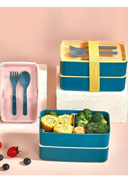 Iki Katlı Pinterest Lunch Bux Organizer Saklama Kabı & Erzak Kabı & Beslenme Kabı - Dikdörtgen Sarı&yeşil indirimleri