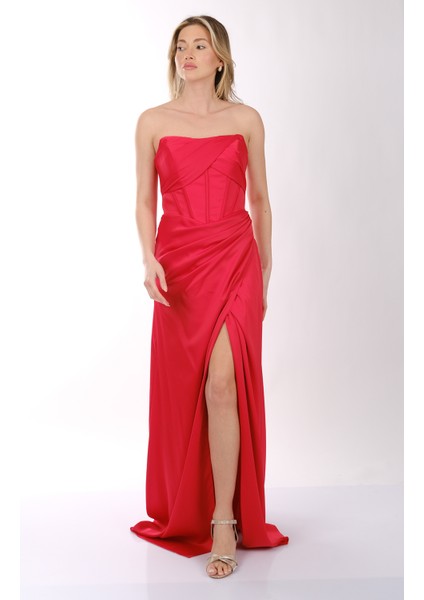 Straplez Önden Yırtmaçlı Balık Kesim Korsajlı Abiye Elbise Dori 00KB7073