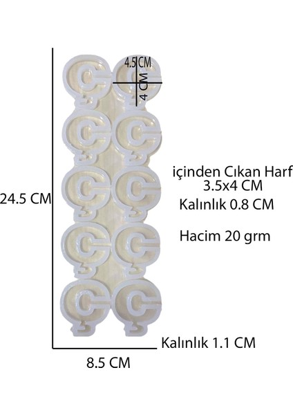 Epoksi Çoklu Silikon Kalıp Ç Harfi ( Düz) Anahtarlık Reçine Seri Döküm Kalıbı 4 cm 10 Lu
