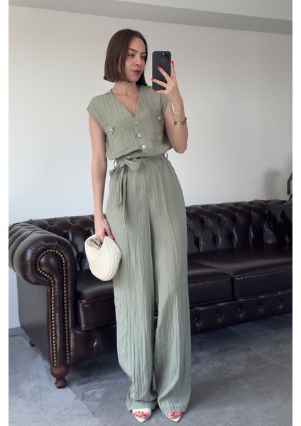 Safari Model Kırışık Sıfır Kol Tulum- Mint