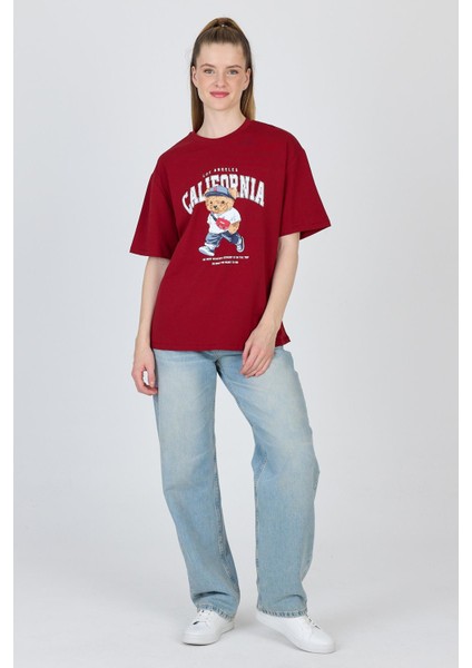 Bordo Ayı Baskılı Oversize Tişört 6559