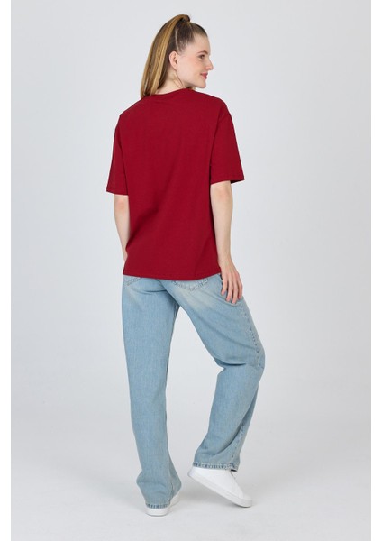 Bordo Ayı Baskılı Oversize Tişört 6559