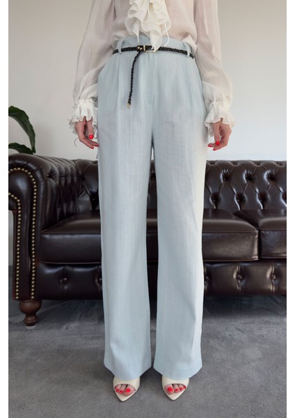 Örgü Kemerli Keten Premium Pantolon- Bebe Mavisi