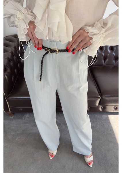 Örgü Kemerli Keten Premium Pantolon- Bebe Mavisi modelleri