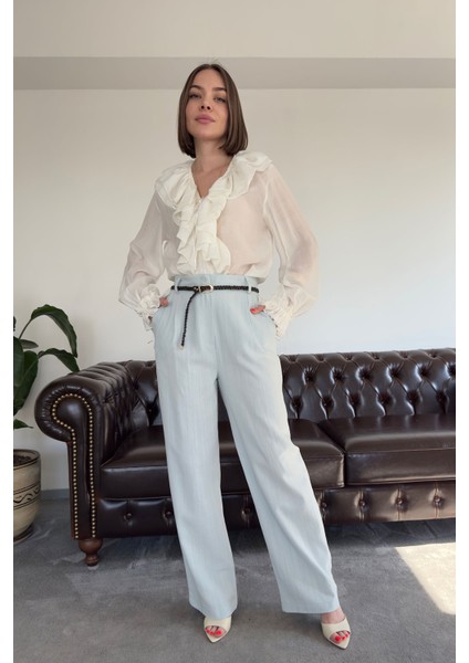 Örgü Kemerli Keten Premium Pantolon- Bebe Mavisi fırsatları