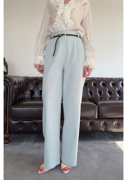 Örgü Kemerli Keten Premium Pantolon- Bebe Mavisi indirimleri