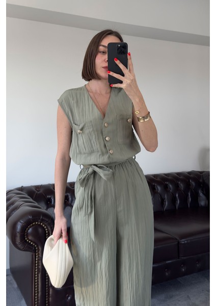 Safari Model Kırışık Sıfır Kol Tulum- Mint fiyatları