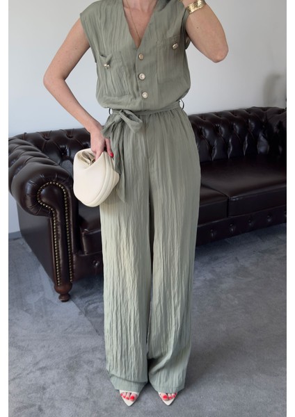 Safari Model Kırışık Sıfır Kol Tulum- Mint fırsatları