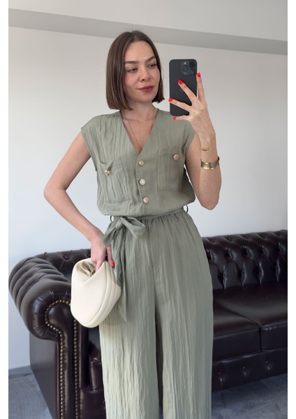 Safari Model Kırışık Sıfır Kol Tulum- Mint indirimleri