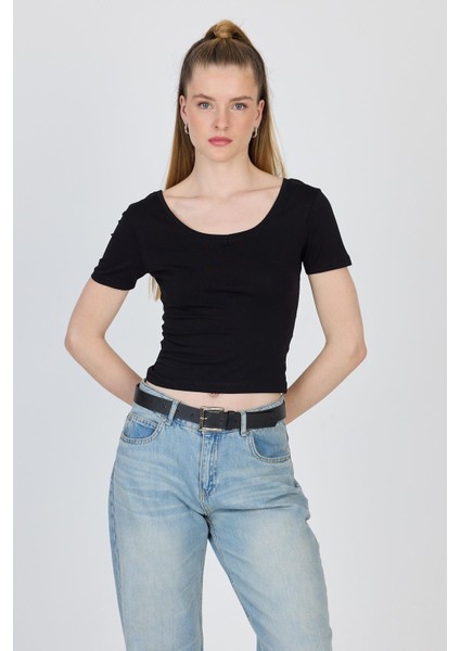 Siyah U Yaka Pamuklu Slim Fit Tişört 9186M