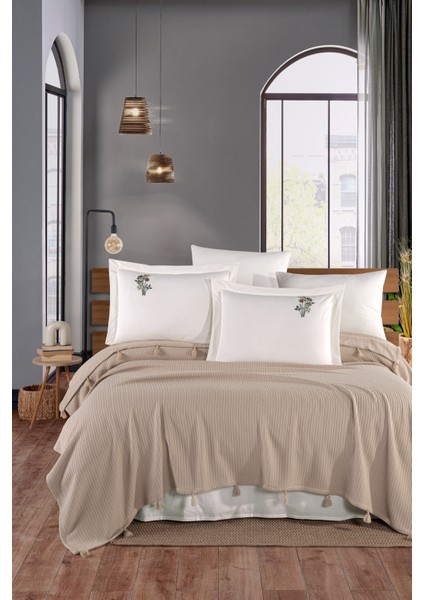 Newhome Çift Kişilik Saçaklı El Nakışlı %100 Pamuk Lüx Pike Takımı Kapiçino fiyatları