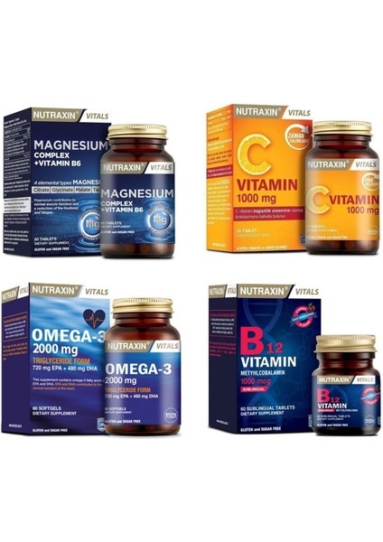 Takviye Seti Magnesium Complex Vitamin B6 60 Tablet + B12 Vitamini 1000 Mcg 60 Dilaltı Tableti + C Vitamin 1000 mg 30 Tablet +Omega 3 Balık Yağı 2000 mg 60 Yumuşak Kapsül