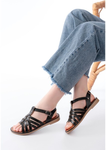 205-208 Siyah Hakiki Deri Ortopedik Taban Kadın Sandalet