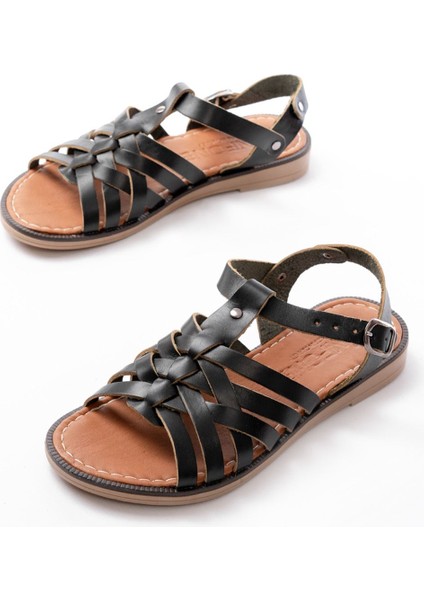 205-208 Siyah Hakiki Deri Ortopedik Taban Kadın Sandalet modelleri