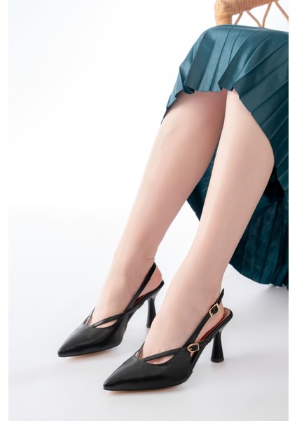 4962 Siyah Sivri Burun Tokalı Yuvarlak Topuk Kadın Sandalet fiyatları