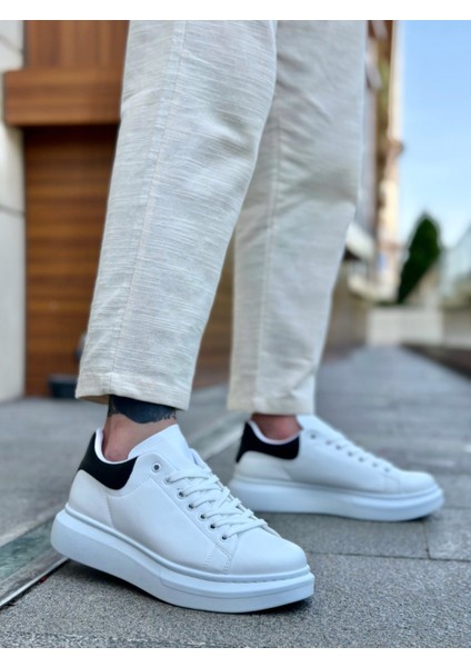 BA0547 Boa Kalın Yüksek Taban Beyaz Siyah Bağcıklı Spor Erkek Ayakkabı