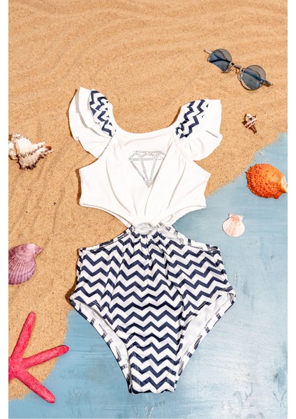 Elmas Nakışlı Fırfır Detaylı Kız Çocuk Mayo